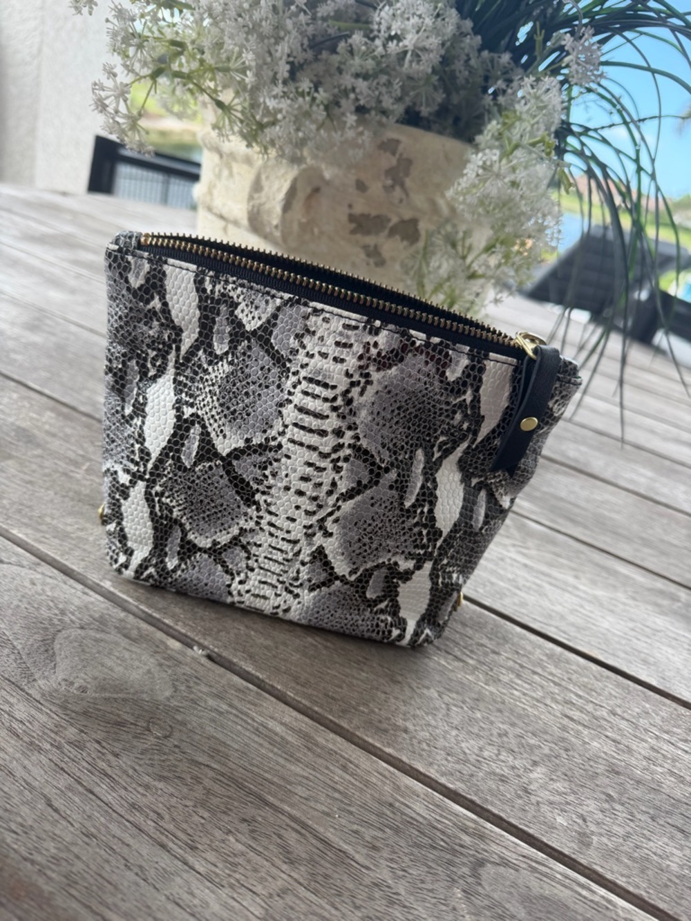 Snake-Print Travel Pouch in Black and White